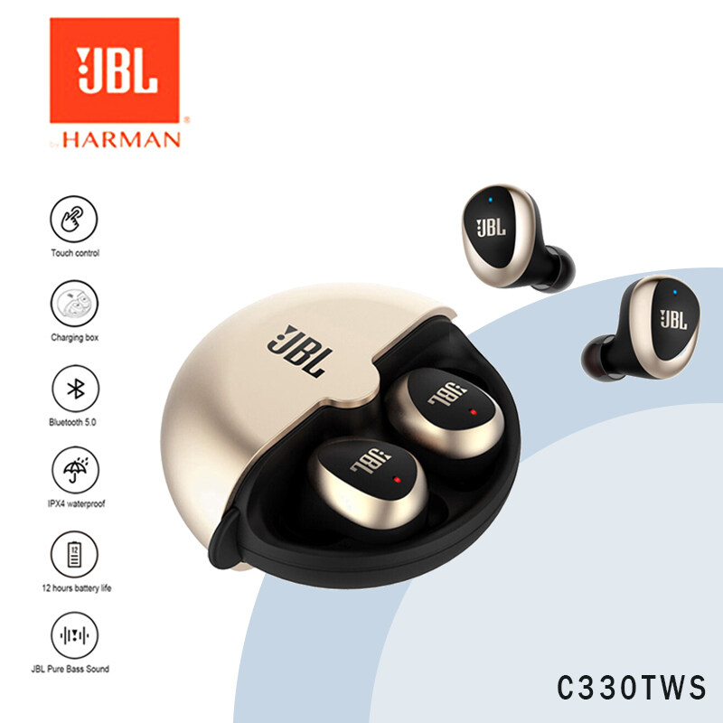 JBL C330 TWS Écouteurs sans fil Bluetooth avec étui de charge-Noir et Doré